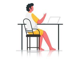 Faceless Young Boy Using Laptop At Table On White Background. vector