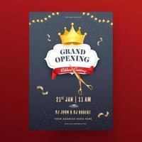 Grand Opening Party Flyer Design With Ribbon Cutting And Golden Crown Illustration. vector