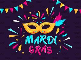 Creative Mardi Gras Text with Party Mask, Confetti and Bunting Flag Decorated on Purple Background. vector