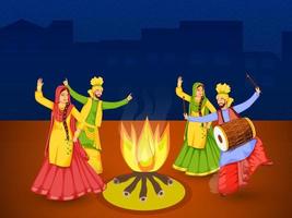 Cheerful Punjabi Couples Performing Bhangra Dance With Dhol Instrument, Bonfire Illustration On Blue And Brown Background. vector