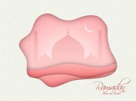 Islamic Pattern Abstract Paper Cut Background with Pink Silhouette Mosque and Crescent Moon for Ramadan Pray At Home. vector