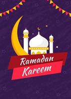 Ramadan Kareem Celebration Template Design with Crescent Moon and Mosque on Purple Star Texture Background. vector