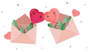 Cartoon Heart Balloon Couple In Different Envelope Decorated With Floral On White Background For Valentine's Day. vector