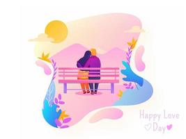 Romantic Abstract Sunny Landscape Background with Back View of Couple Hugging Sit on Bench for Happy Love Day. vector