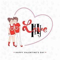 Cute Boy Kissing His Girlfriend with Love You Font on White Heart Pattern Background for Happy Valentine's Day. vector