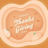 Happy Thanksgiving Day Text with Pumpkins on Brown Paper Layer Cut Background. vector