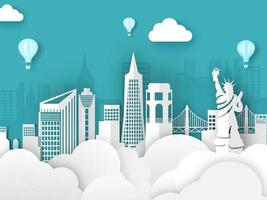 papel arte rascacielos edificio con famoso monumentos, puente y caliente aire globos en nubes antecedentes. vector