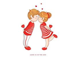 Cartoon Cute Couple Kissing in Standing Pose on White Background. vector