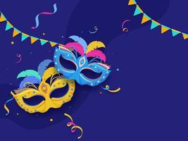 Colorful Carnival Masks With Confetti And Bunting Flags On Blue Background. vector