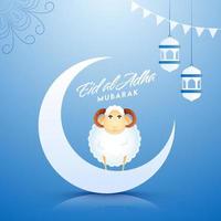 Eid al-Adha Mubarak fuente con creciente luna, dibujos animados oveja, colgando linternas y verderón banderas en lustroso azul antecedentes. vector