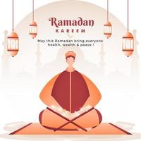 Ramadán kareem póster diseño con dibujos animados musulmán hombre leyendo un Corán santo libro, mágico ligero efecto y colgando linternas decorado antecedentes. vector