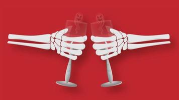 Skeleton Hands Holding Wine Glass on Red Background. vector