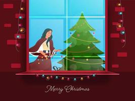 Beautiful Young Girl Decorated Xmas Tree From Lighting Garland With Window On Red Background For Merry Christmas Celebration. vector