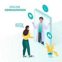 Illustration Of Woman Talking To Doctor Man From Video Calling In 3D Smartphone For Online Consultation Concept. vector