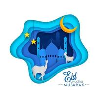 azul papel capa cortar antecedentes con mezquita, camello, cabra, colgando estrellas y creciente Luna para eid-ul-adha Mubarak concepto. vector