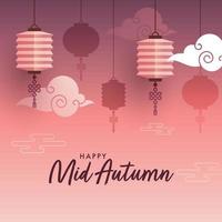 Happy Mid Autumn Celebration Poster Design with Hanging Chinese Lanterns and Clouds on Gradient Light Red and Purple Background. vector