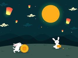 Full Moon Teal Green Background Decorated with Fly Lanterns and Cartoon Bunnies Holding Mooncake. vector