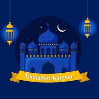 Ramadan Kareem Font in Yellow Ribbon with Mosque, Crescent Moon and Hanging Illuminated Lanterns on Blue Background. vector