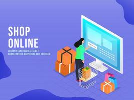 Woman touching add to cart button in desktop screen with trolley, carry bags and parcel boxes on blue background for Online Shopping Concept. vector