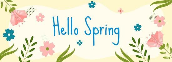Hello Spring Text on Pastel Yellow Background Decorated with Flowers and Leaves. vector