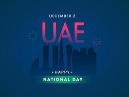 UAE Happy National Day Celebration Poster Design With Silhouette Famous Monuments Or Architecture On Blue Background. vector