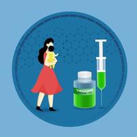 Cartoon Woman Holding Her Child With Covid-19 Vaccine Bottle And Syringe On Blue Hexagon Pattern Background. vector