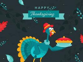 Cartoon Turkey Bird Presenting Pie Cake with Leaves Decorated on Dark Grey Grunge Background for Happy Thanksgiving Day. vector