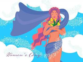 Beautiful Young Girl Covering Body from Blue Scarf with Flowers and Particle Waves on Clouds Background for Women's Day Celebration Concept. vector