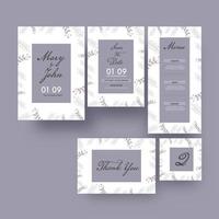 Boda invitación modelo diseño con salvar el fecha, menú, mesa número y gracias usted tarjeta. vector