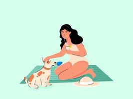 Young Girl Drinking Lemon Juice with Dog Animal on Green Mat or Sheet. vector