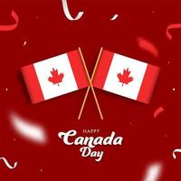 Happy Canada Day Font with Canadian Flags and Ribbons Decorated on Red Background. vector
