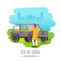 Eid-Al-Adha Mubarak Concept with Muslim Man holding Rope of Goat Standing on Jeep and Abstract Silhouette Mosque Background. vector