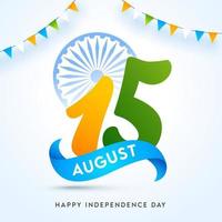 15 August Text with Ashoka Wheel and Bunting Flags Decorated on Glossy Background for Happy Independence Day. vector