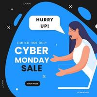 Cyber Monday Sale Poster Design with Woman Saying Hurry Up From Laptop on Blue and Black Background. vector