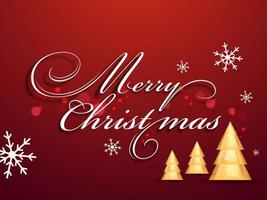 Merry Christmas Font with 3D Golden Xmas Trees and Snowflakes Decorated on Red Bokeh Effect Background. vector