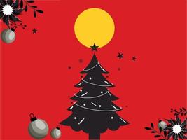 Vector Illustration Of Xmas Tree With Baubles, Poinsettia Flowers And Full Moon On Red Background.