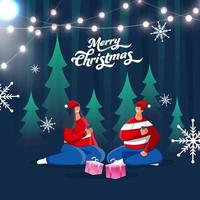 Cartoon Couple Enjoying Drinks At Merry Christmas Or Winter Season With Gift Boxes, Xmas Trees, Snowflakes And Lighting Garland On Full Moon Blue Background. vector