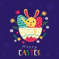 Cartoon Bunny with Eggs in Printed Bowl Decorated with Flowers and Leaves on Purple Background for Happy Easter Celebration. vector