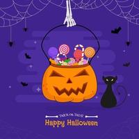 Skeleton Hand Holding Pumpkin Basket Full of Candies with Scary Cat, Spiderweb and Bats Fly on Violet Background for Happy Halloween. vector