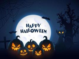 Full Moon Blue Forest or Graveyard Background with Scary Cat and Jack-O-Lanterns for Happy Halloween Celebration. vector