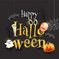 Happy Halloween Text with Scary Balloon, Jack-O-Lantern, Cartoon Ghost, Hanging Paper Bats and Spider Web on Black Bare Tree Background. vector