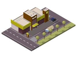 Isometric Bank Building with Car Parking in Front of Street Yard View Background. vector