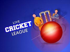 Live Cricket League Poster Design with Realistic Red Ball, Wicket Stumps and Faceless Players in Different Attire on Blue Halftone Effect Background. vector