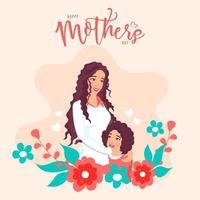 Young Woman Hugging Her Daughter and Flowers on Peach Background for Happy Mother's Day Celebration Concept. vector