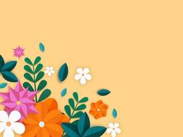Colorful Paper Cut Flowers and Leaves on Yellow Background. vector