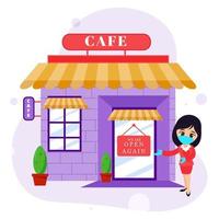 Modern Young Girl wear Mask with Gloves Welcome To Cafe and Signboard of We're Open Again. vector