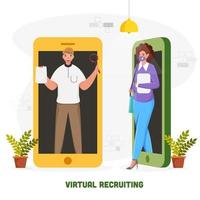 Virtual Recruiting Concept Based Poster Design With Illustration Of Businessman And Woman In Separate Smartphone On White Background. vector