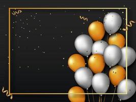 Golden and Silver Realistic Balloons with Confetti Ribbons Decorated on Black Background. vector