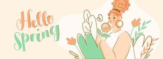 Hello Spring Font with Beautiful Young Girl holding Flower on Nature View Peach Background. vector