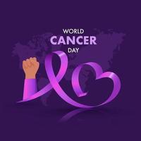 World Cancer Day Concept With Glossy Purple Awareness Ribbon And Fist Up Hand Illustration. vector